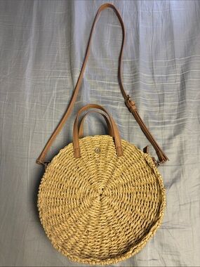 LC Lauren Conrad Round Straw Crossbody with Tan Leather Trim